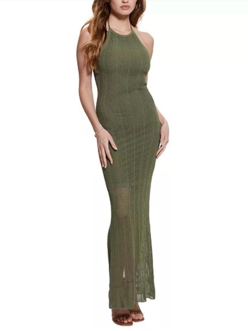 Guess Olive Green Halter Knit Maxi Dress